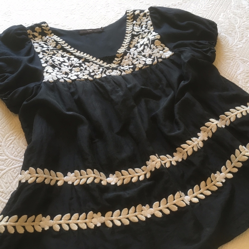 Anthropologie Black Blouse with Cream Floral Embroidery